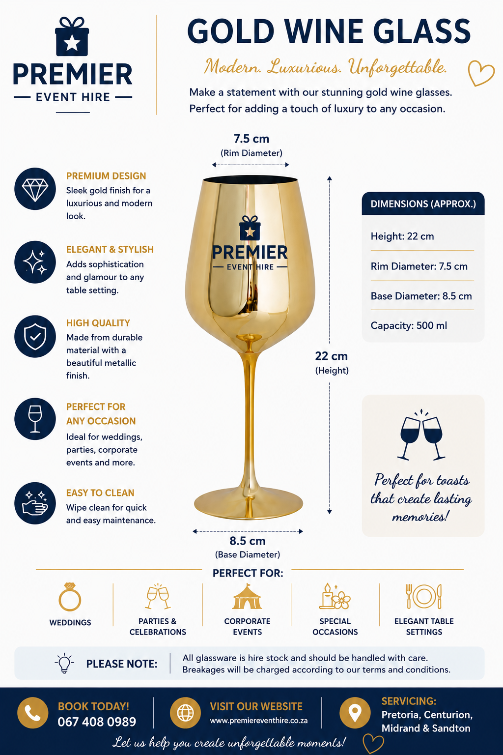 Apollo Gold Wine Glass 480ml (Hire) - Image 2