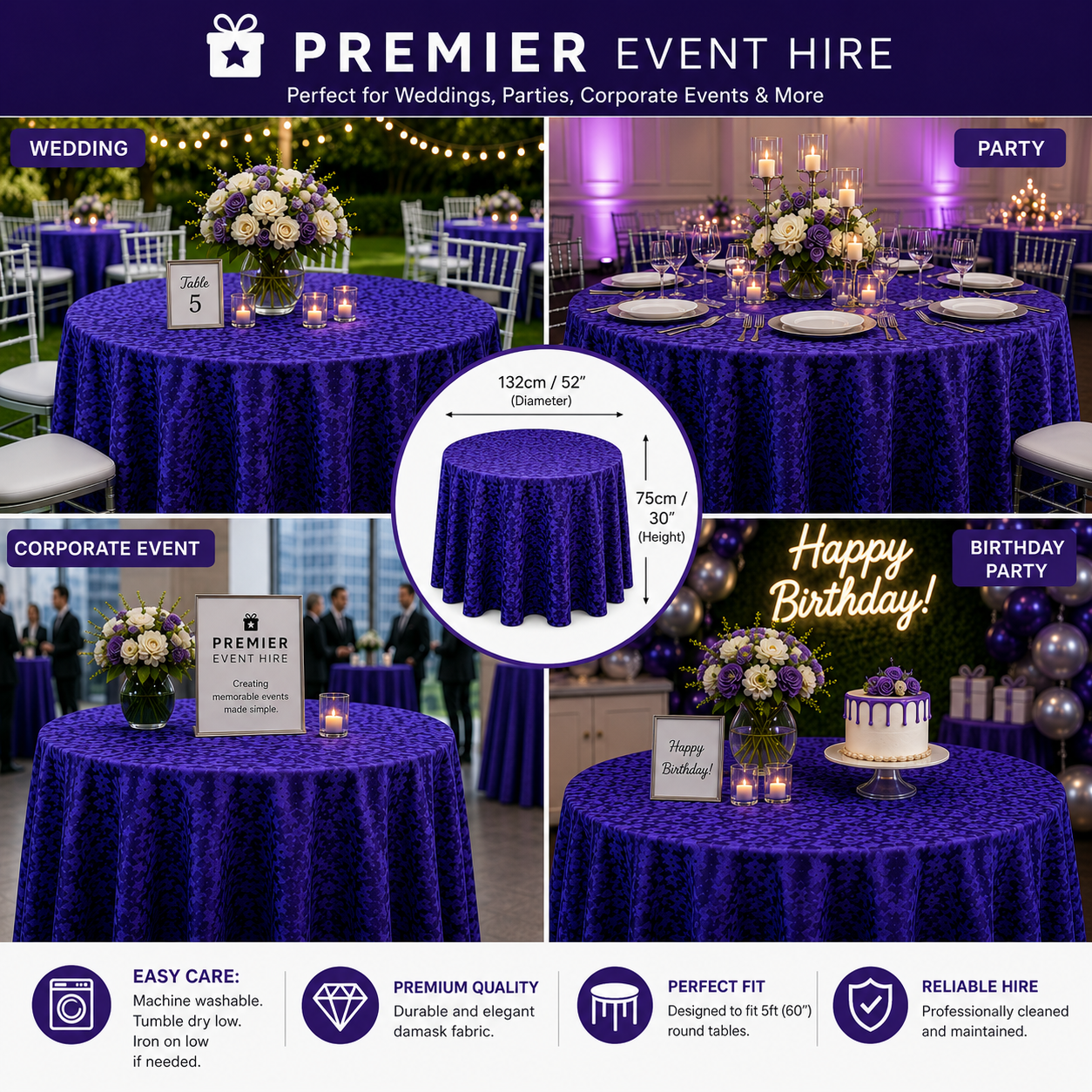 Round Tablecloth Purple (Hire) - Image 3